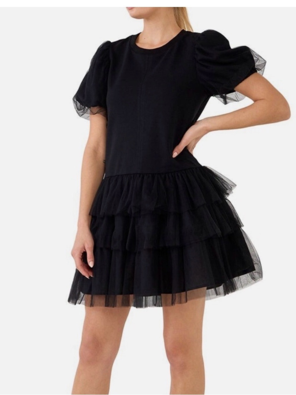 English Factory black tutu Black Tiered Puff-Sleeve Mini Dress size small